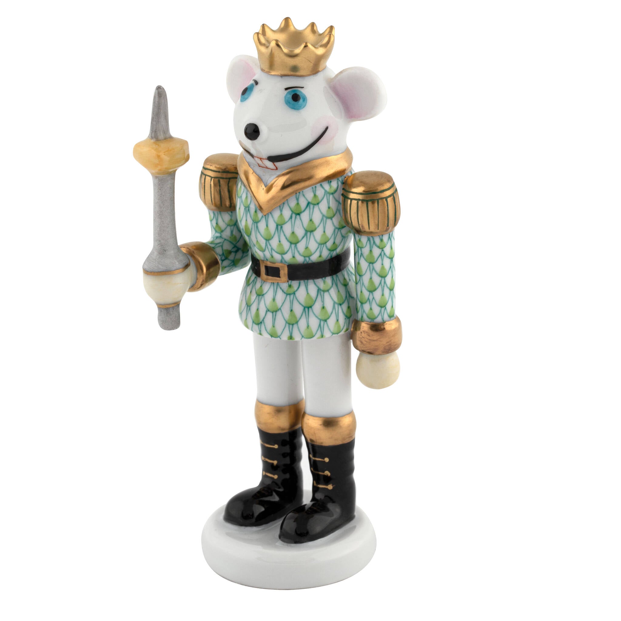 Hand-painted Herend Mouse King Nutcracker Figurine in Key Lime fishnet porcelain on a white background