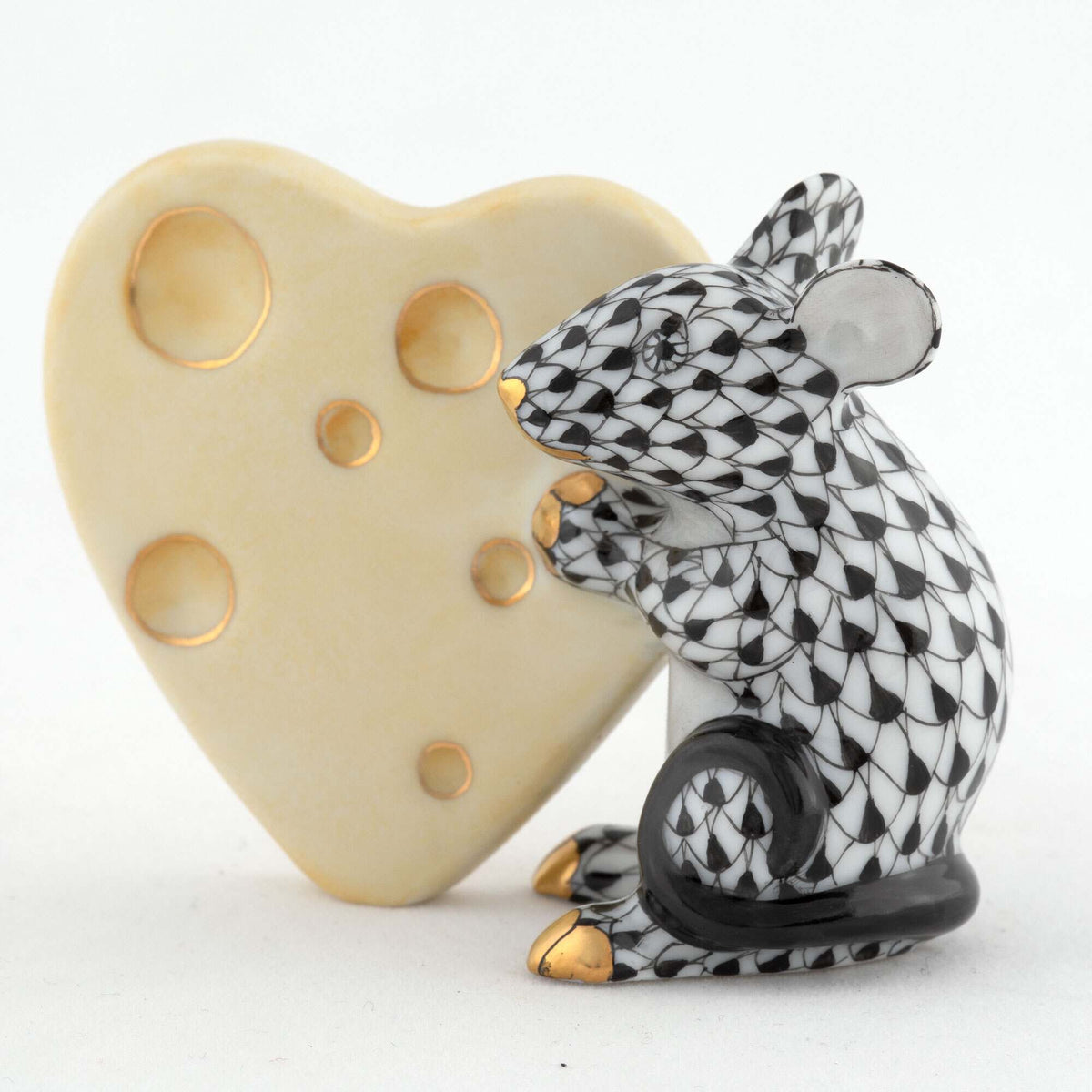 Herend Mouse with Heart Cheese Figurine – Black, alternate view