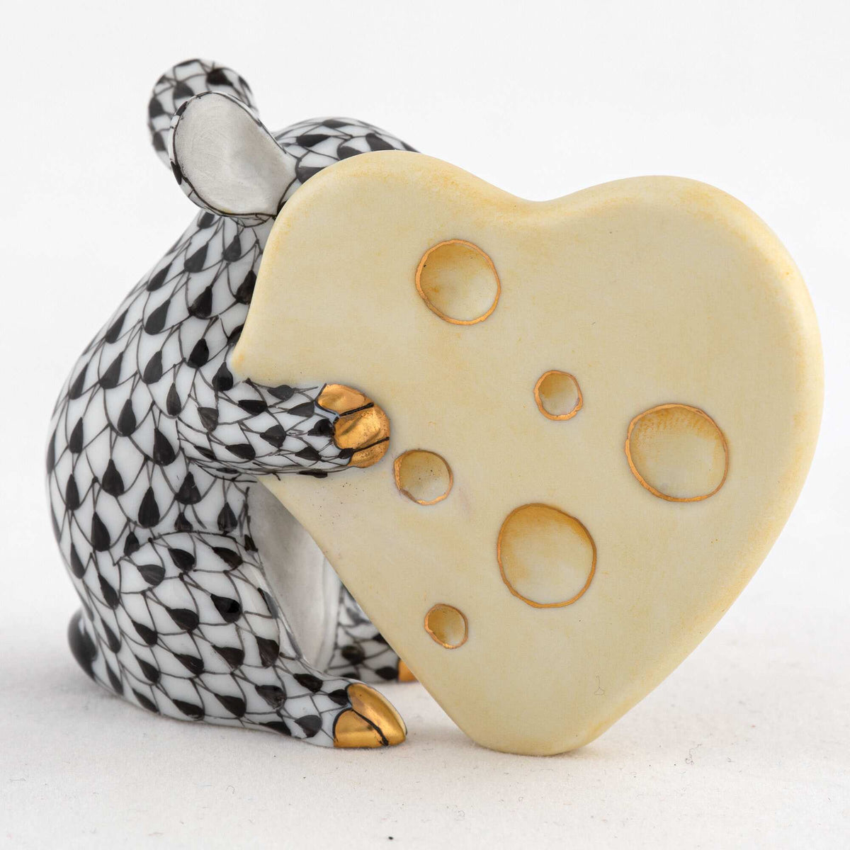 Herend Mouse with Heart Cheese Figurine – Black, alternate view
