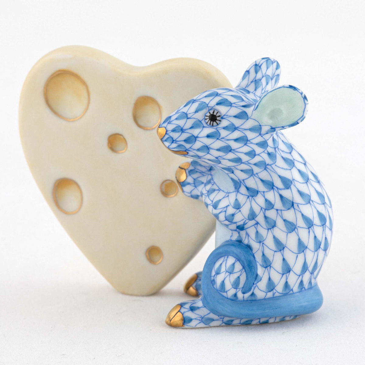 Herend Mouse with Heart Cheese Figurine – Blue, alternate view
