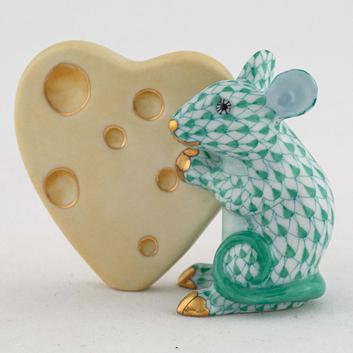 Herend Mouse with Heart Cheese Figurine – Green, alternate view