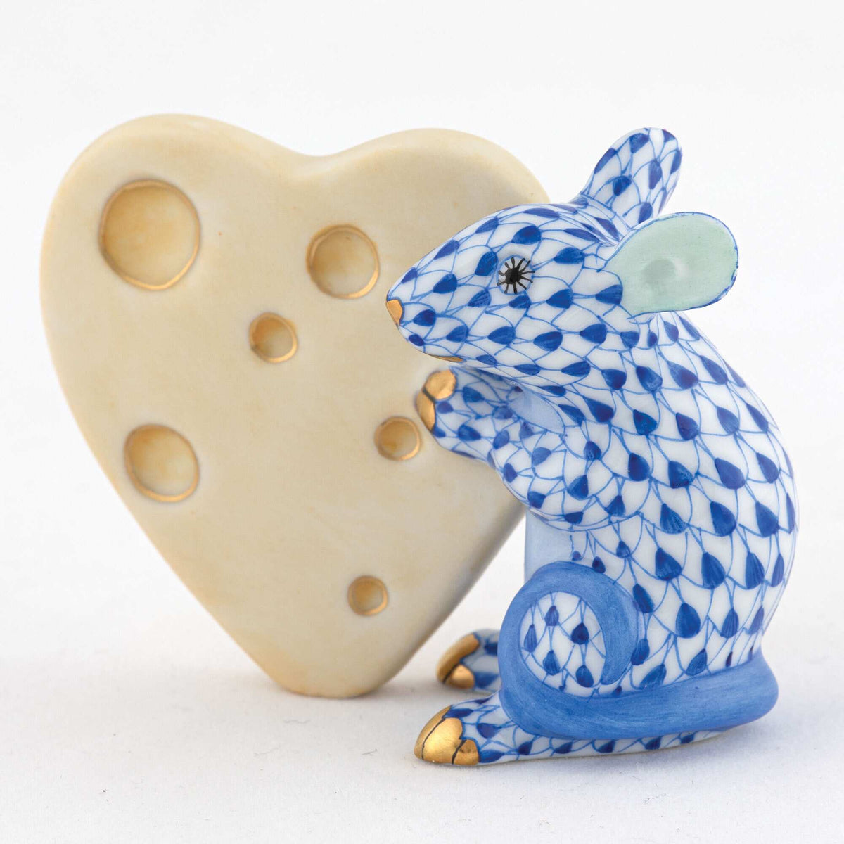 Herend Mouse with Heart Cheese Figurine – Sapphire, alternate view