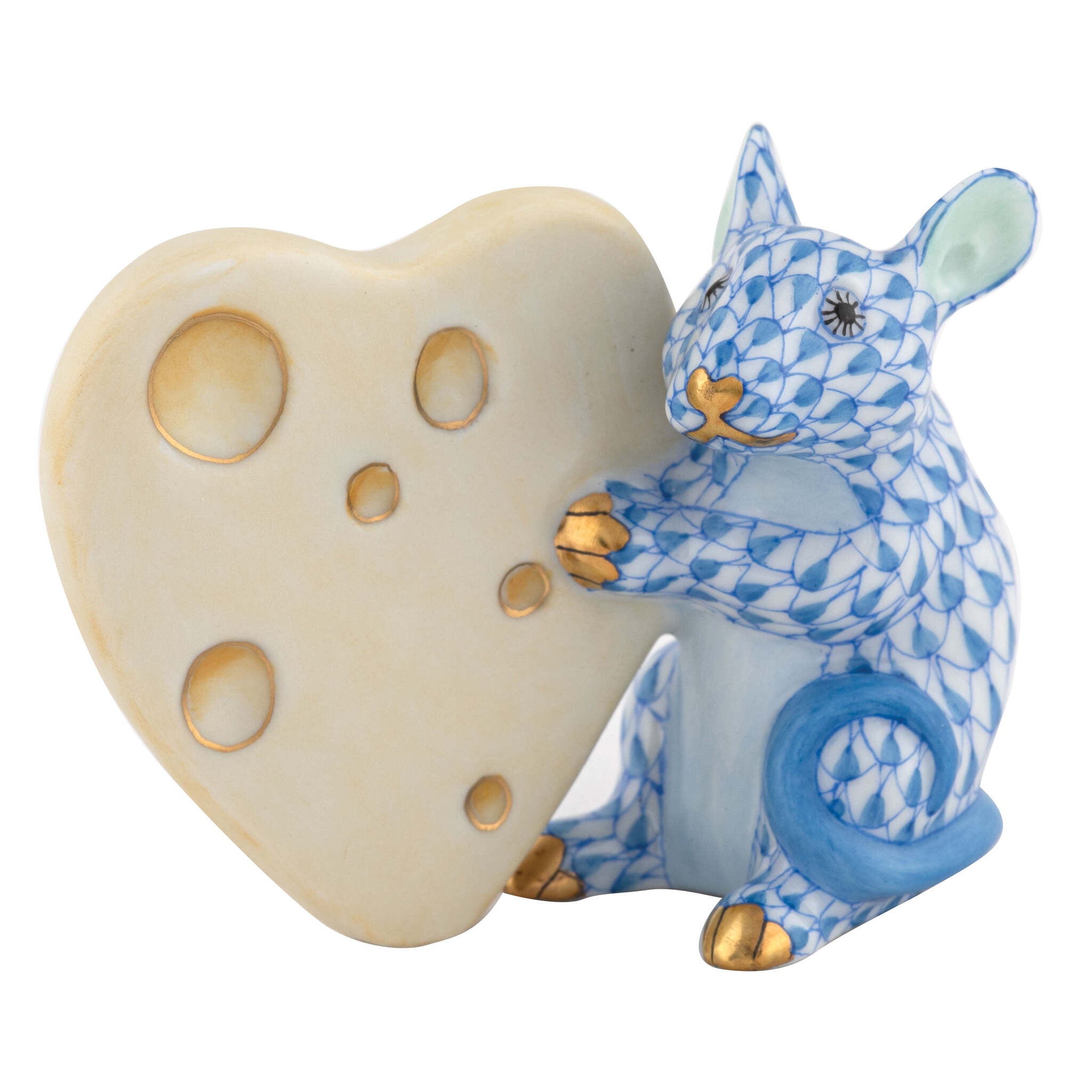 Hand-painted Herend Mouse with Heart Cheese Figurine in Blue fishnet porcelain on a white background