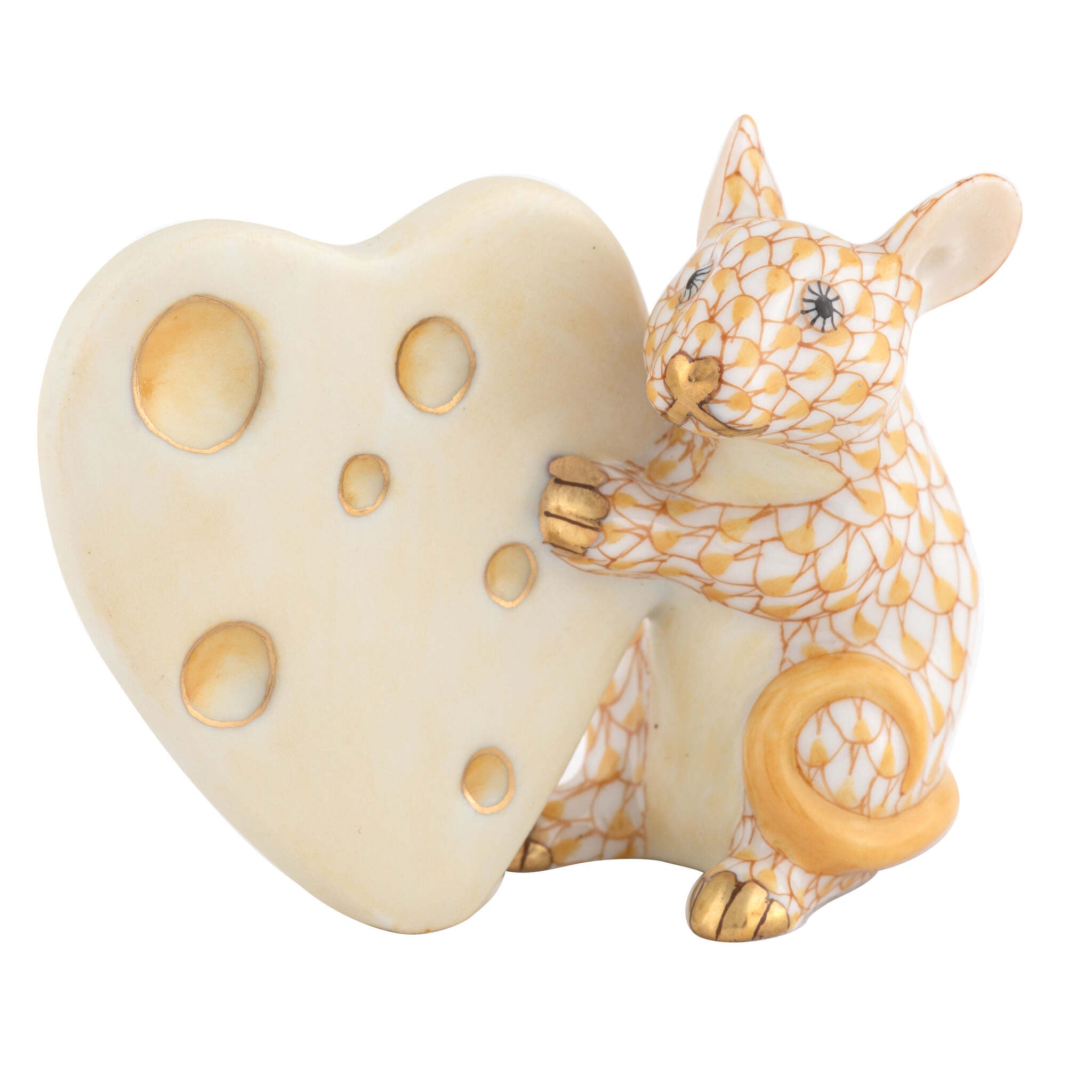 Hand-painted Herend Mouse with Heart Cheese Figurine in Butterscotch fishnet porcelain on a white background