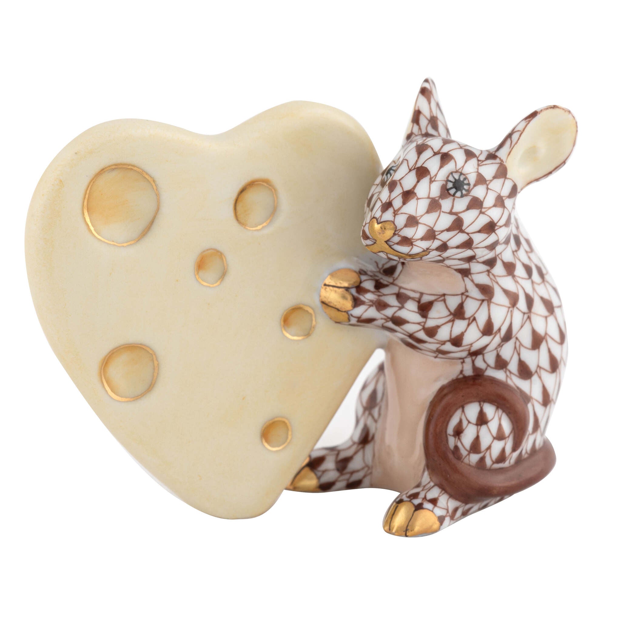 Mouse with Heart Cheese Figurine in hand-painted Chocolate porcelain by Herend of Hungary