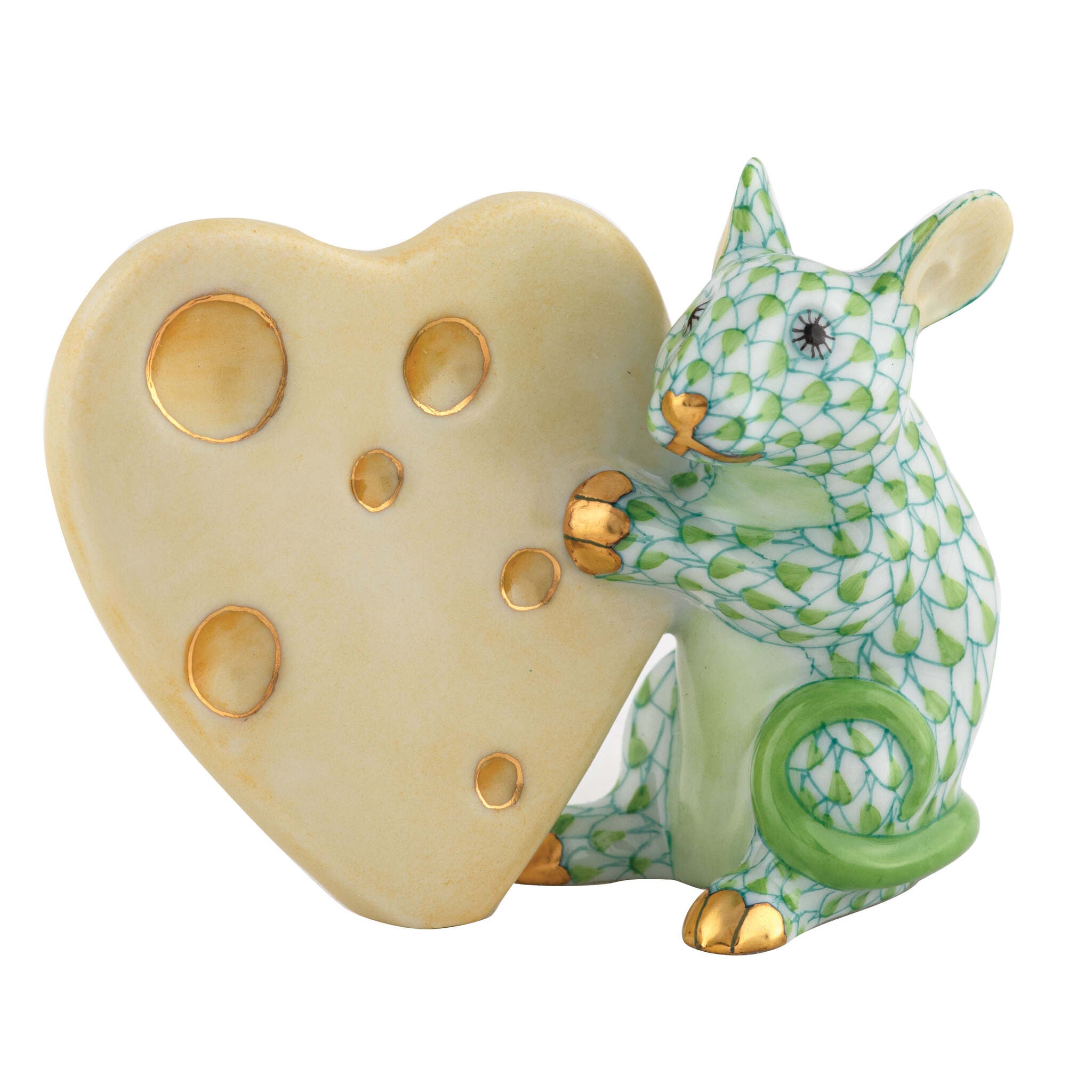 Hand-painted Herend Mouse with Heart Cheese Figurine in Key Lime fishnet porcelain on a white background