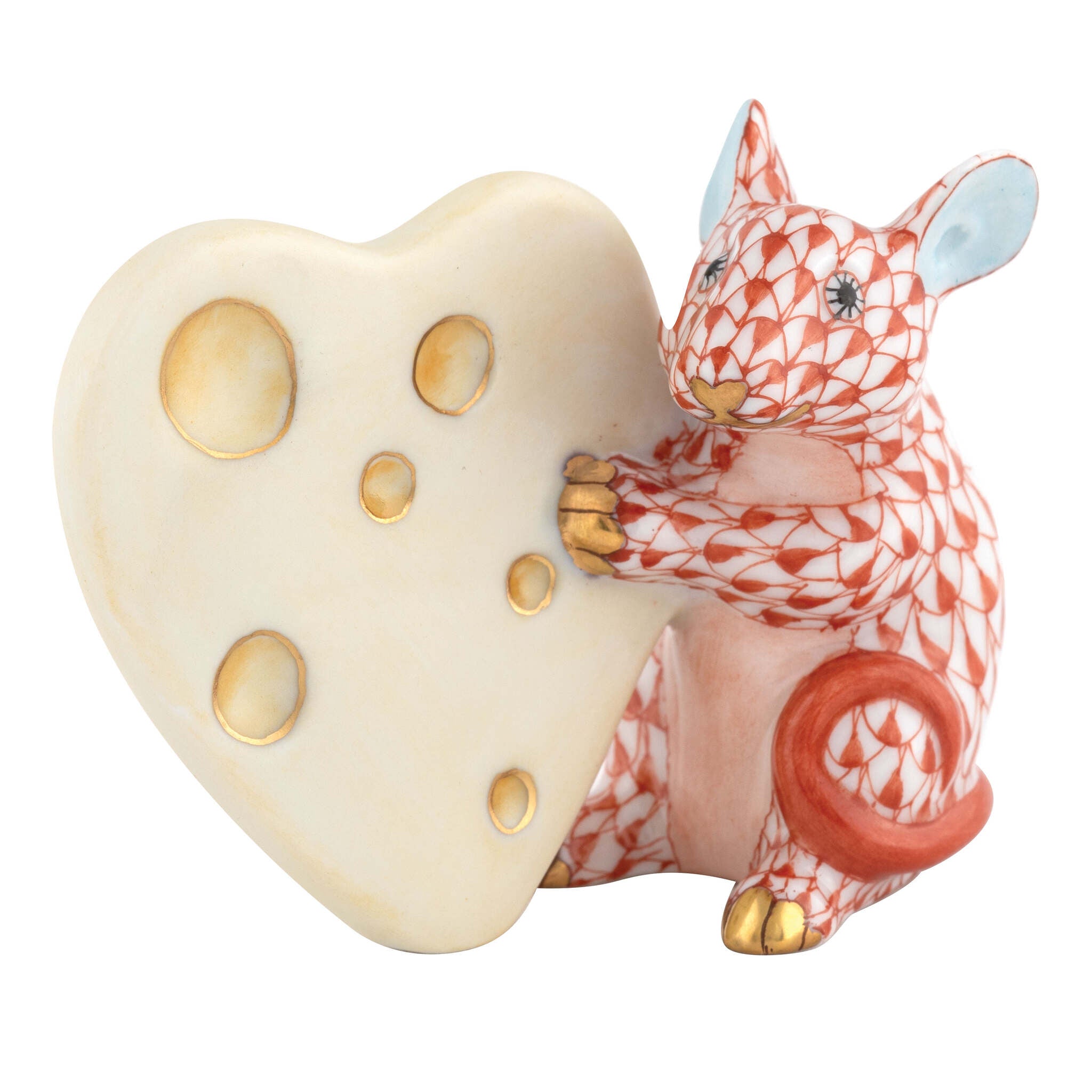 Rust fishnet Mouse with Heart Cheese Figurine figurine, hand-painted Herend porcelain with 24k gold accents