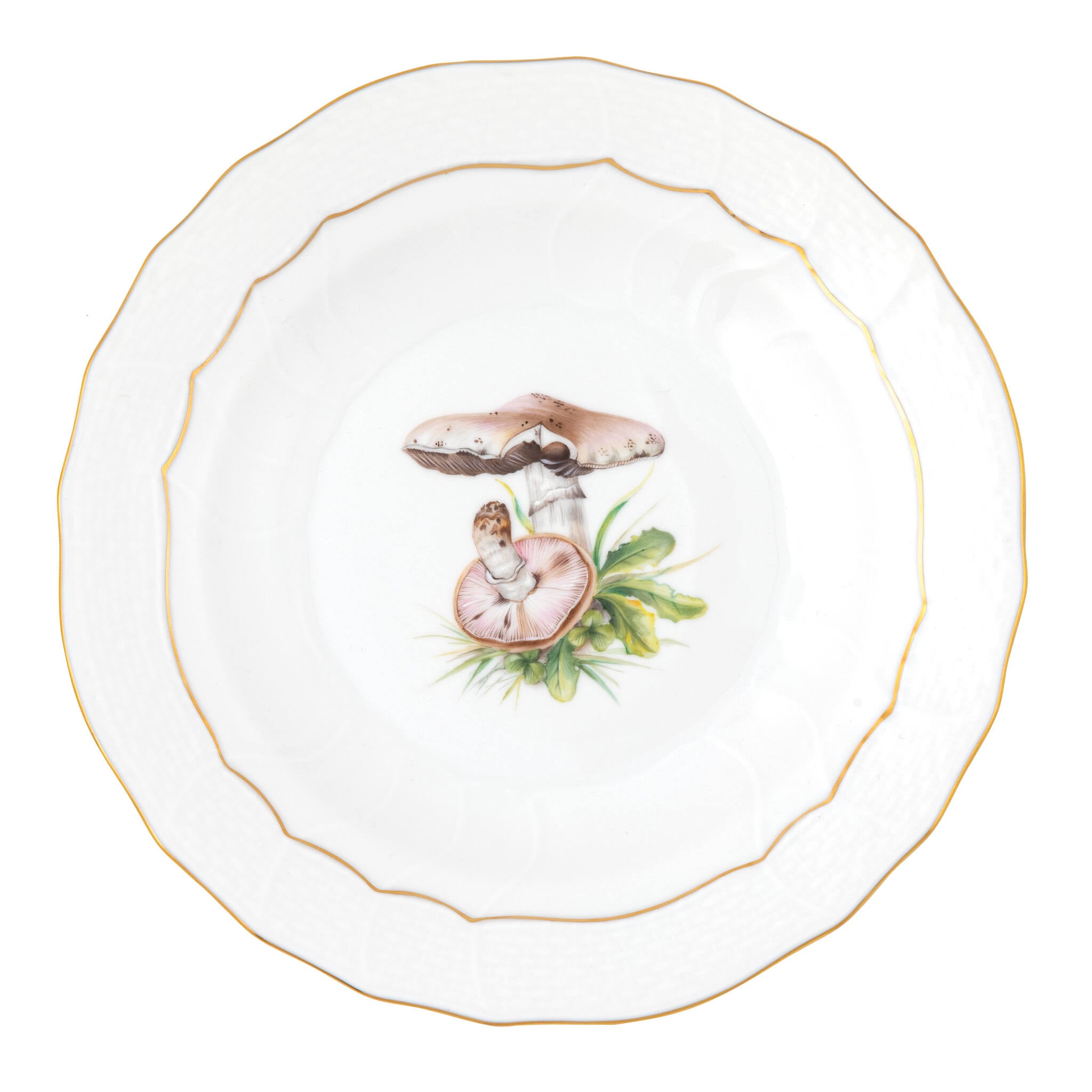 Hand-painted Herend Mushroom Luncheon Luncheon Plate - Motif 01 in fine porcelain, 8.25in D, on a white background