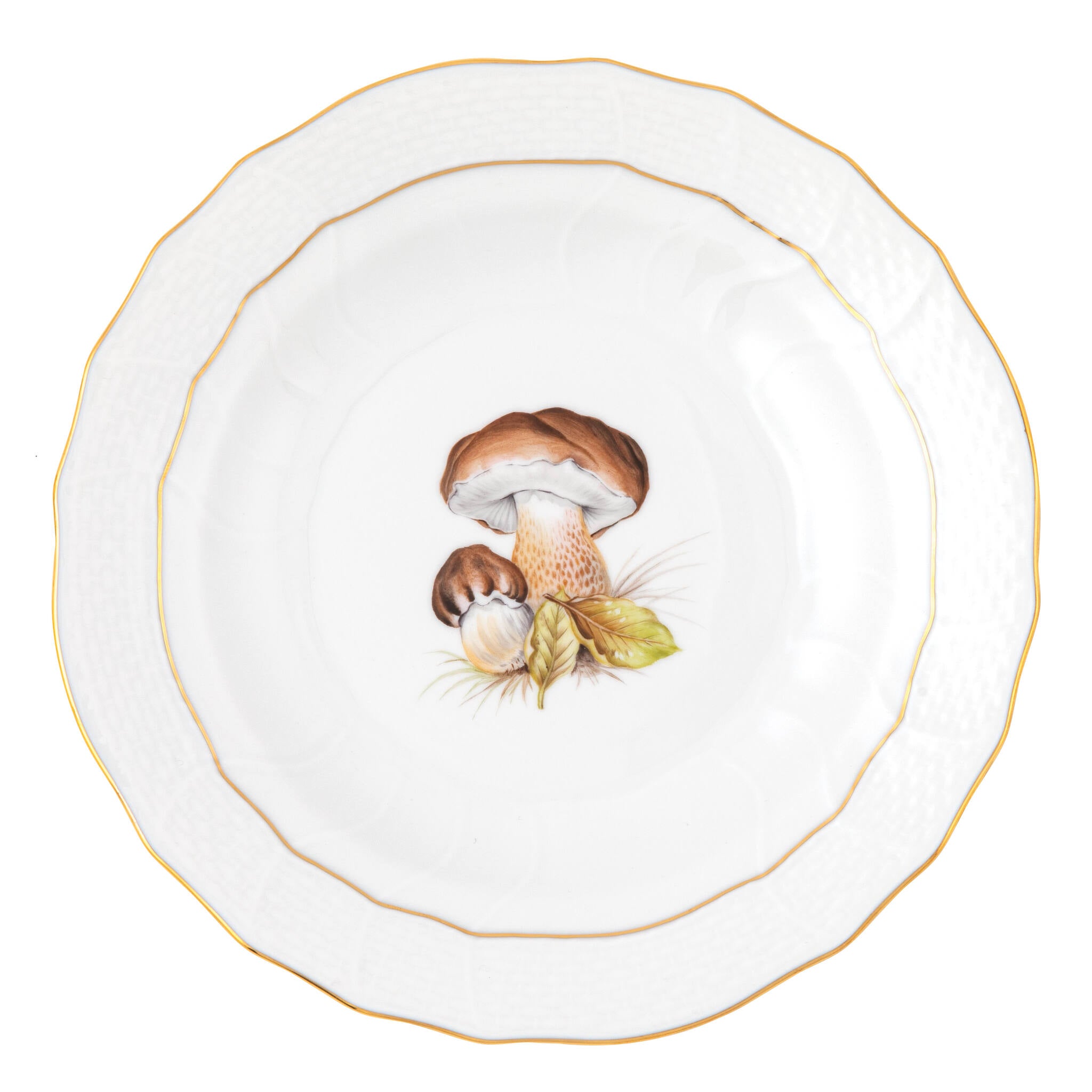 Hand-painted Herend Mushroom Luncheon Luncheon Plate - Motif 03 in fine porcelain, 8.25in D, on a white background