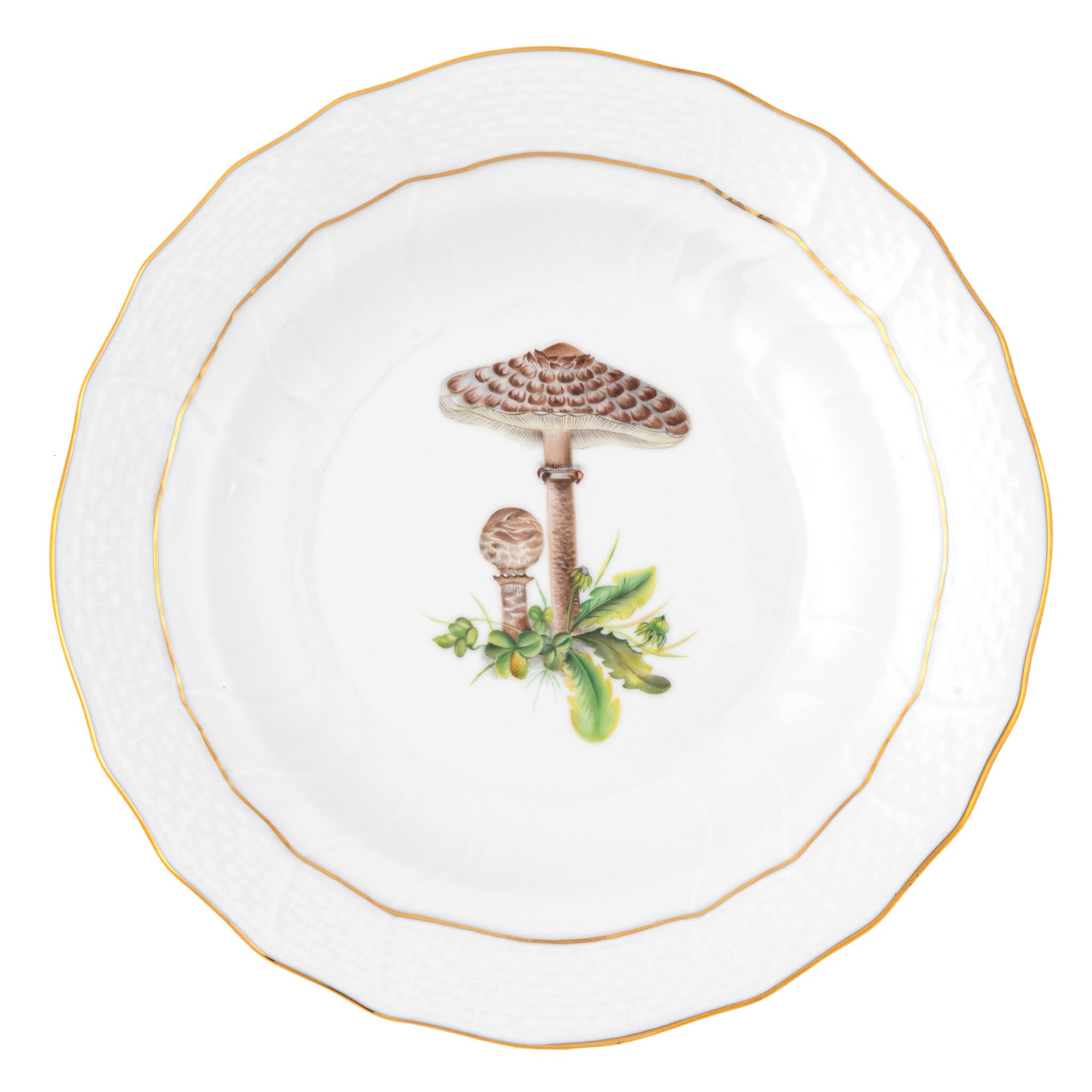 Hand-painted Herend Mushroom Luncheon Luncheon Plate - Motif 05 in fine porcelain, 8.25in D, on a white background