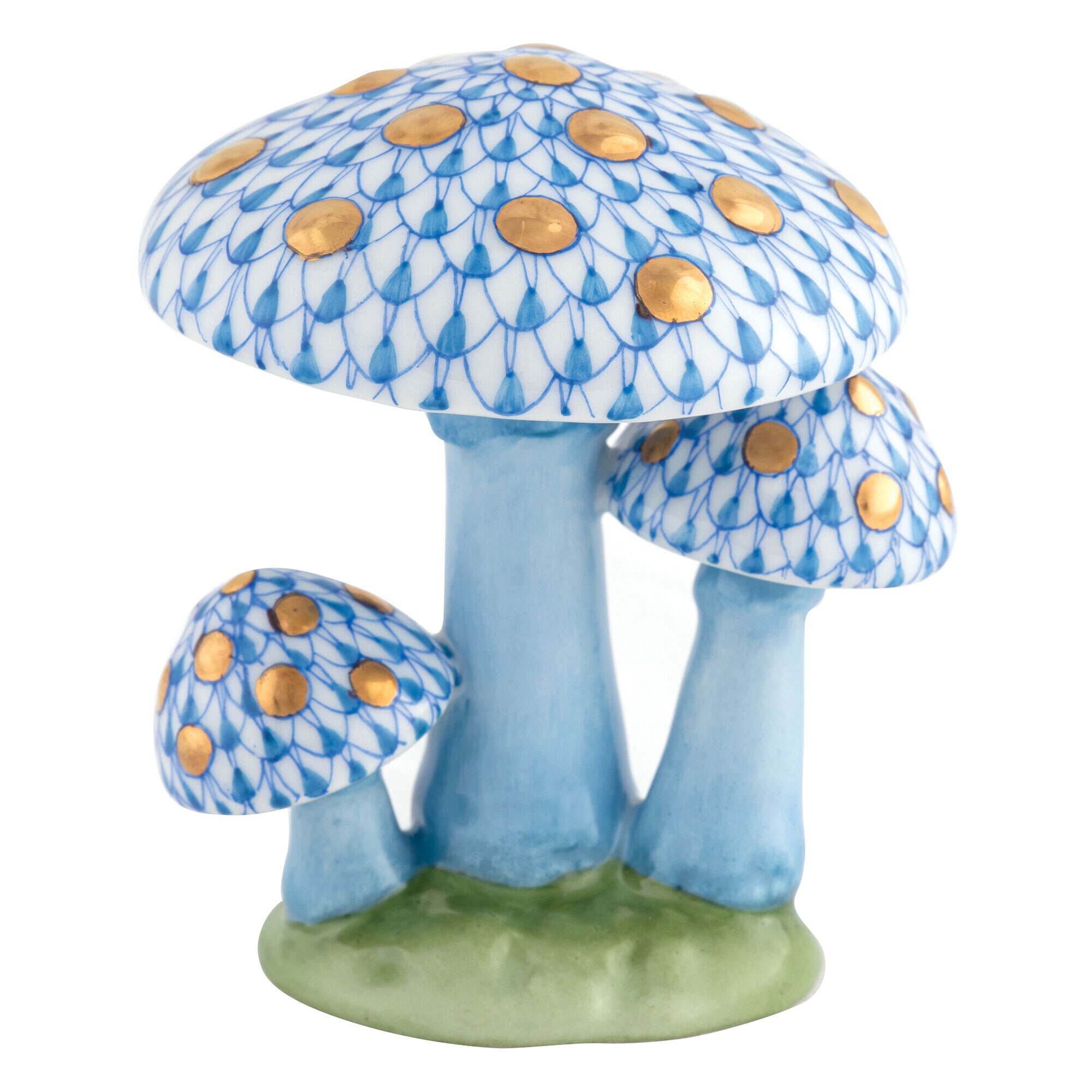 Blue fishnet Mushroom Trio Figurine figurine, hand-painted Herend porcelain with 24k gold accents