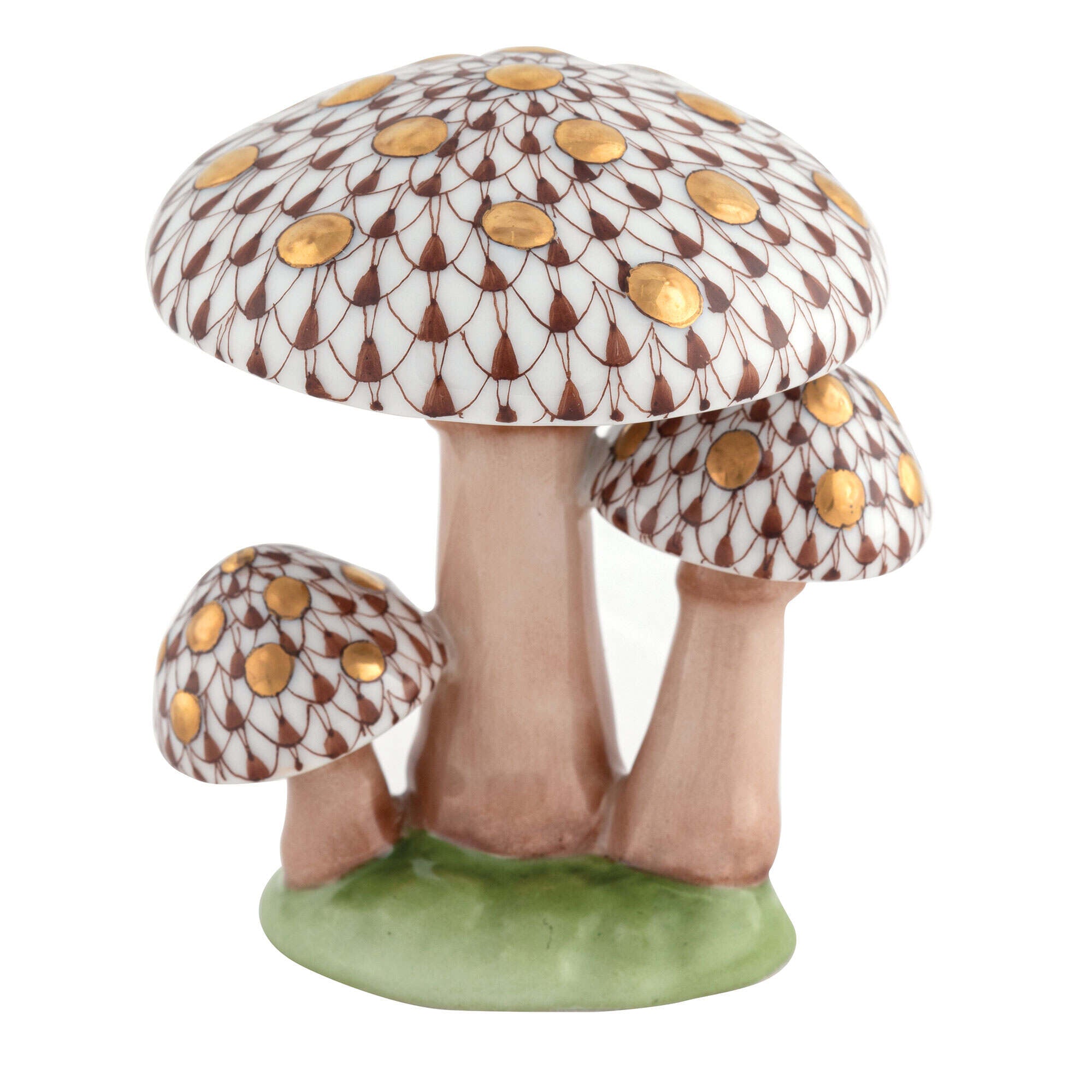 Herend Mushroom Trio Figurine porcelain figurine painted in the Chocolate fishnet pattern
