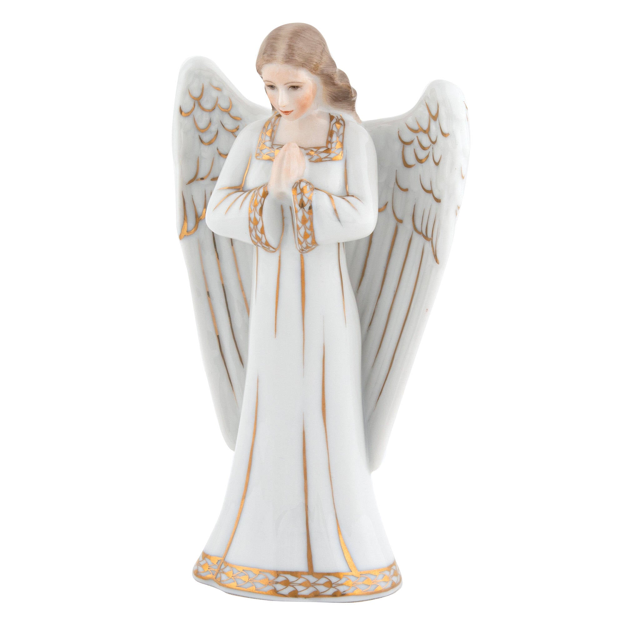 Hand-painted Herend Nativity Angel Figurine in fine porcelain, 1.75in L X 3.25in W X 5.75in H, on a white background