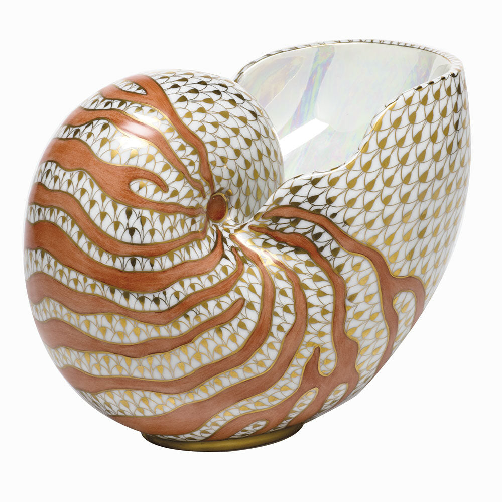 Hand-painted Herend Nautilus Figurine in fine porcelain, 7in L X 5.25in H, on a white background