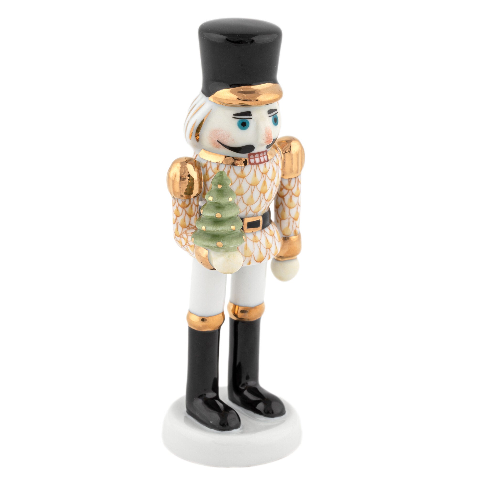 Butterscotch fishnet Nutcracker with Christmas Tree Figurine figurine, hand-painted Herend porcelain with 24k gold accents