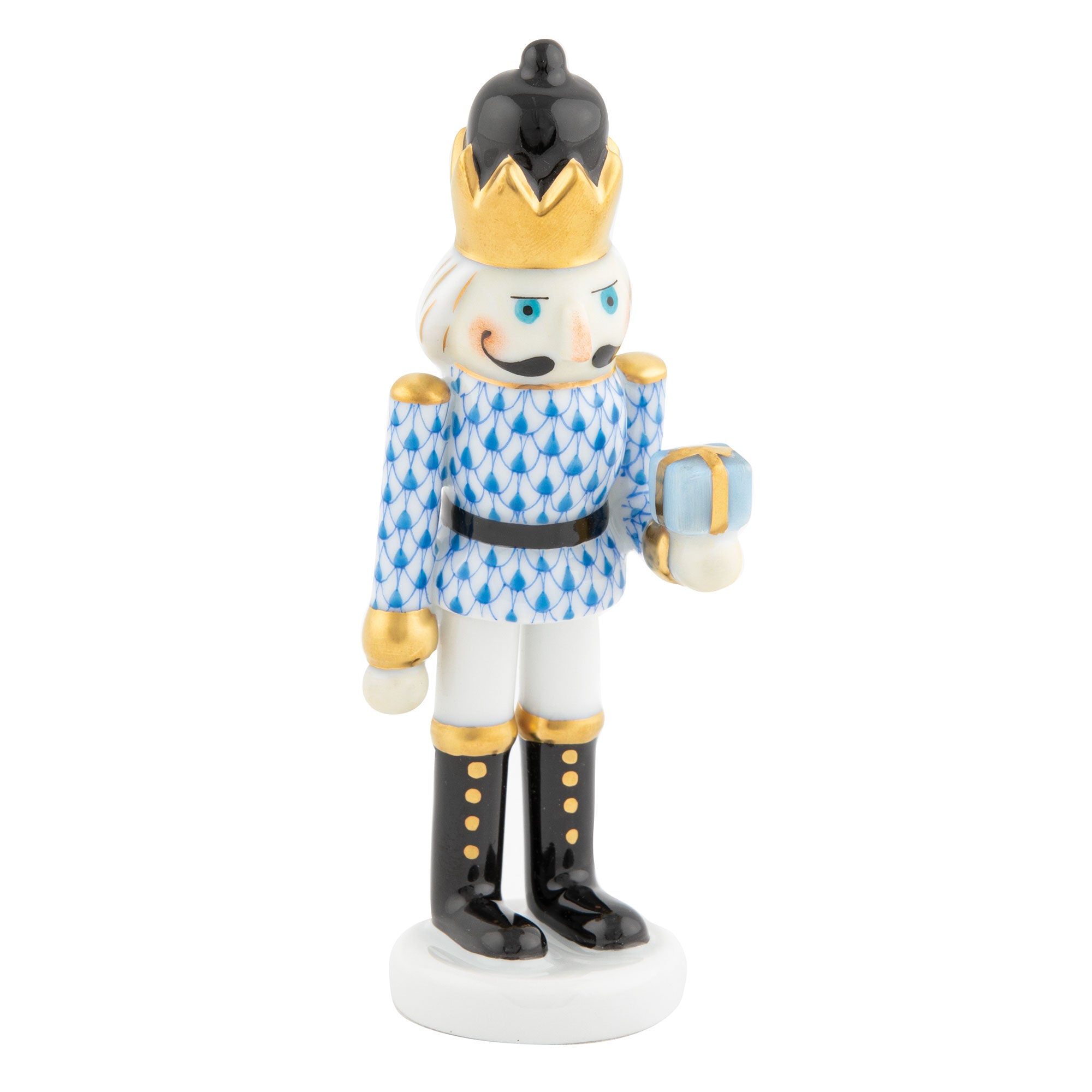 Herend Nutcracker with Gift Figurine porcelain figurine painted in the Blue fishnet pattern