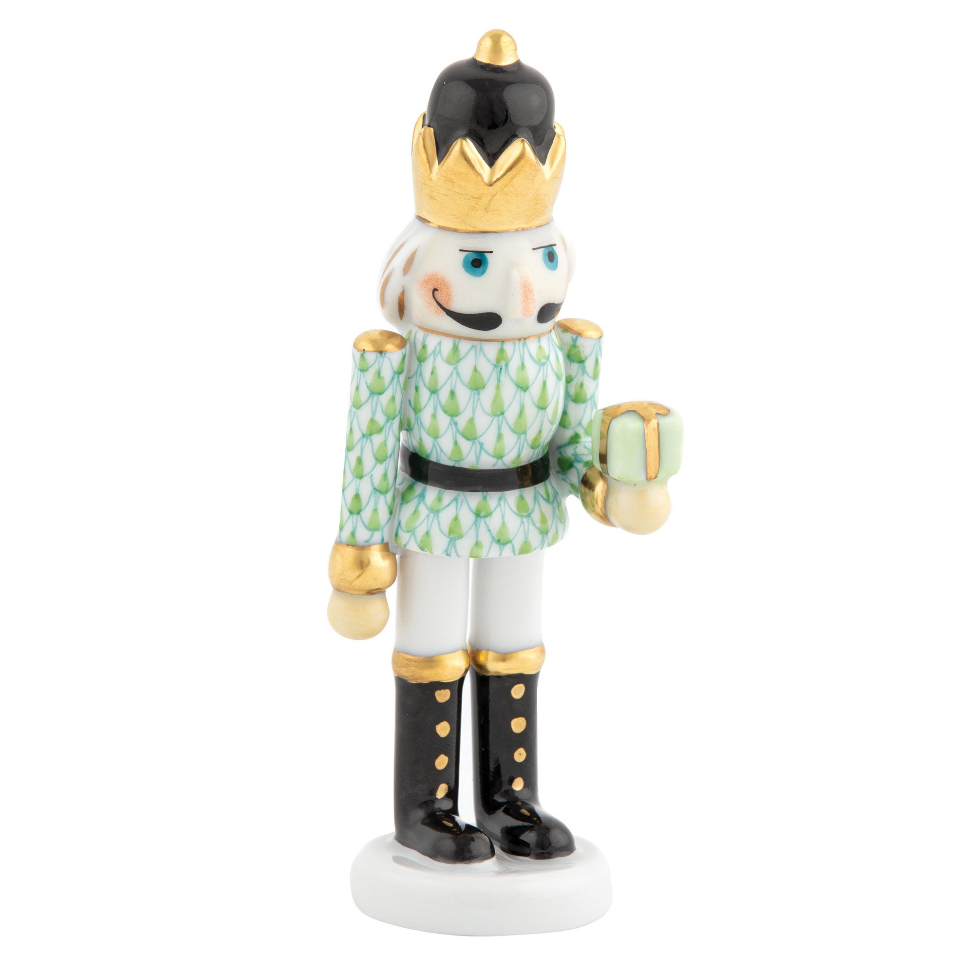Herend Nutcracker with Gift Figurine porcelain figurine painted in the Key Lime fishnet pattern