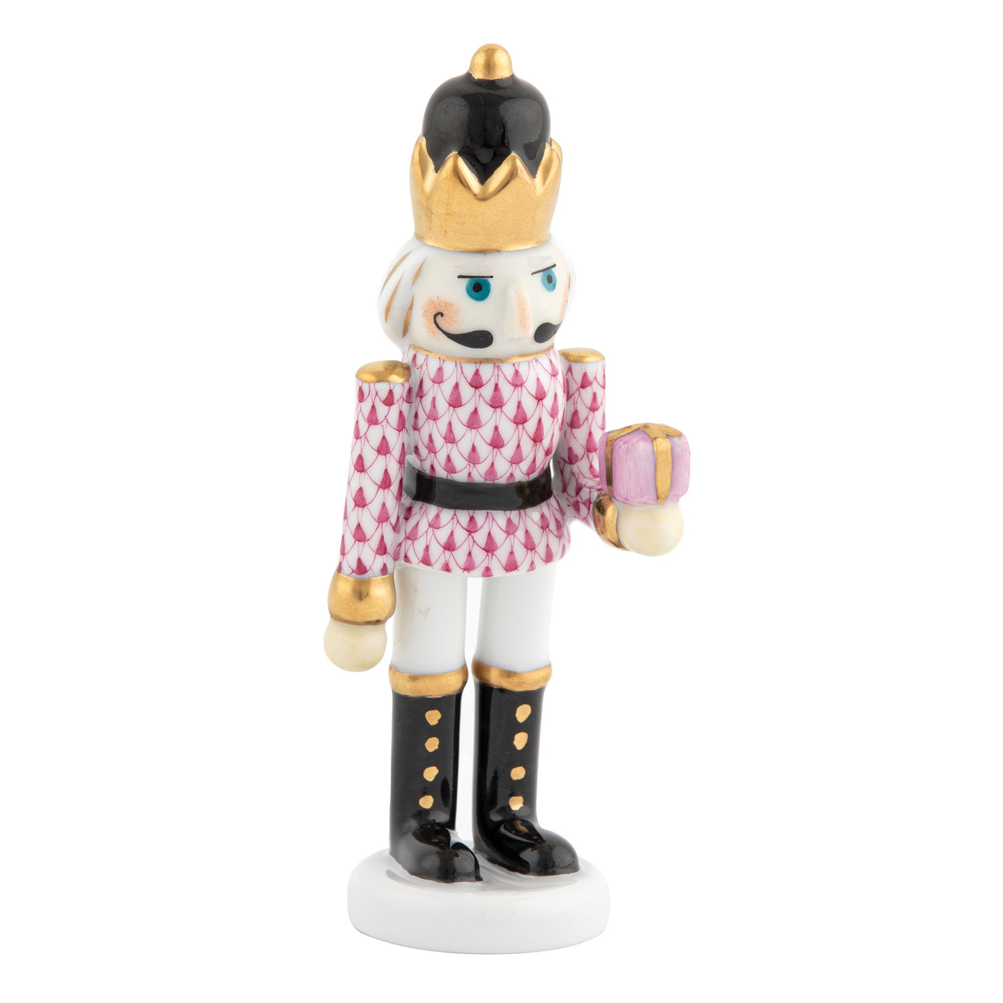 Herend Nutcracker with Gift Figurine porcelain figurine painted in the Raspberry fishnet pattern