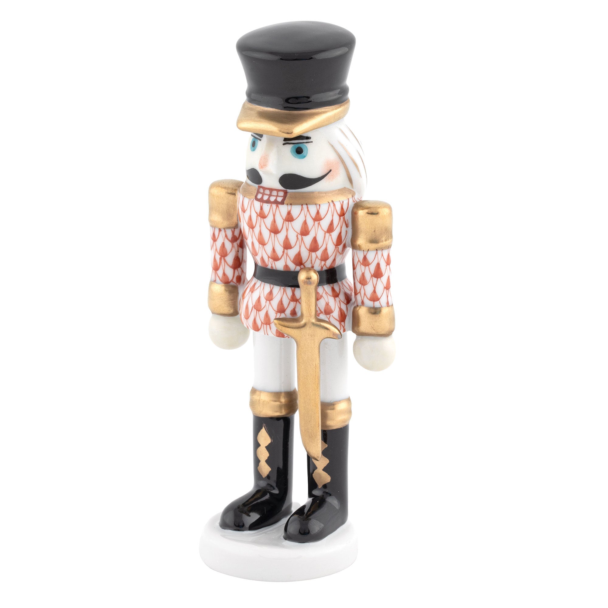 Hand-painted Herend Nutcracker with Sword Figurine in Rust fishnet porcelain on a white background