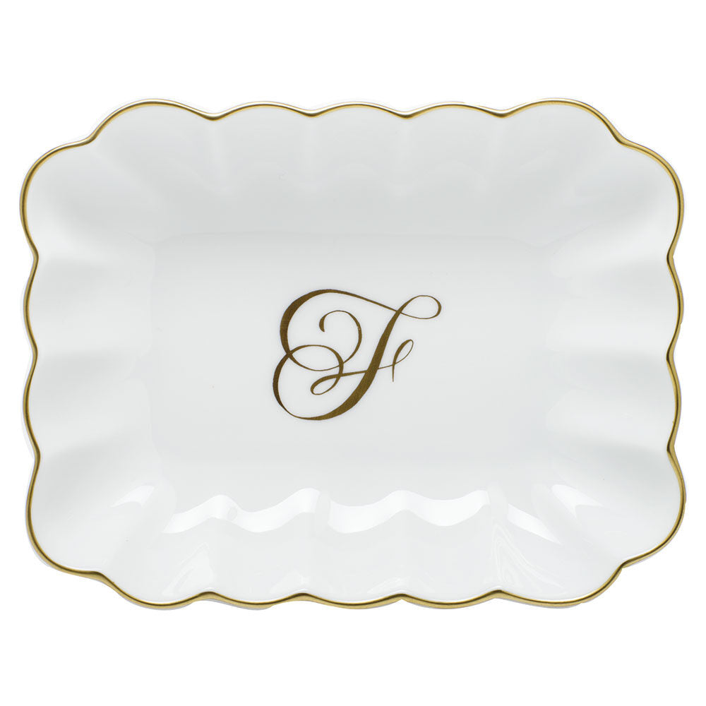 Hand-painted Herend Oblong Dish with Monogram Decorative Plate in fine porcelain, 7.25in L X 5.5in W X 1.5in H, on a white background, Monogram F