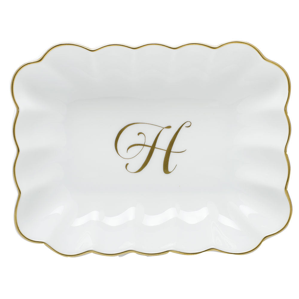 Hand-painted Herend Oblong Dish with Monogram Decorative Plate in fine porcelain, 7.25in L X 5.5in W X 1.5in H, on a white background, Monogram H