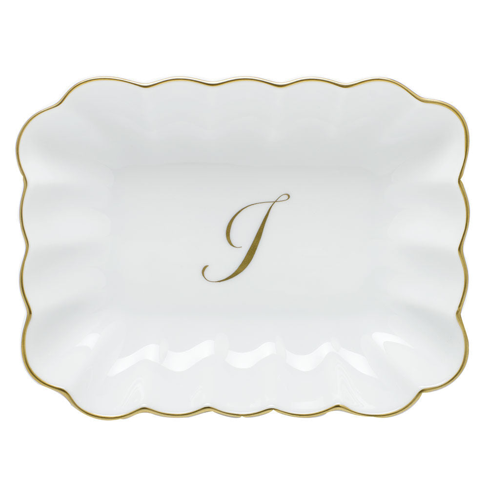 Hand-painted Herend Oblong Dish with Monogram Decorative Plate in fine porcelain, 7.25in L X 5.5in W X 1.5in H, on a white background, Monogram I