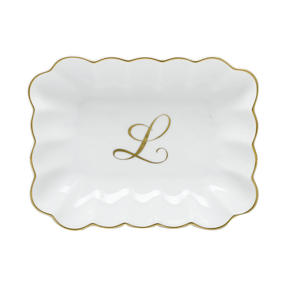 Hand-painted Herend Oblong Dish with Monogram Decorative Plate in fine porcelain, 7.25in L X 5.5in W X 1.5in H, on a white background, Monogram L