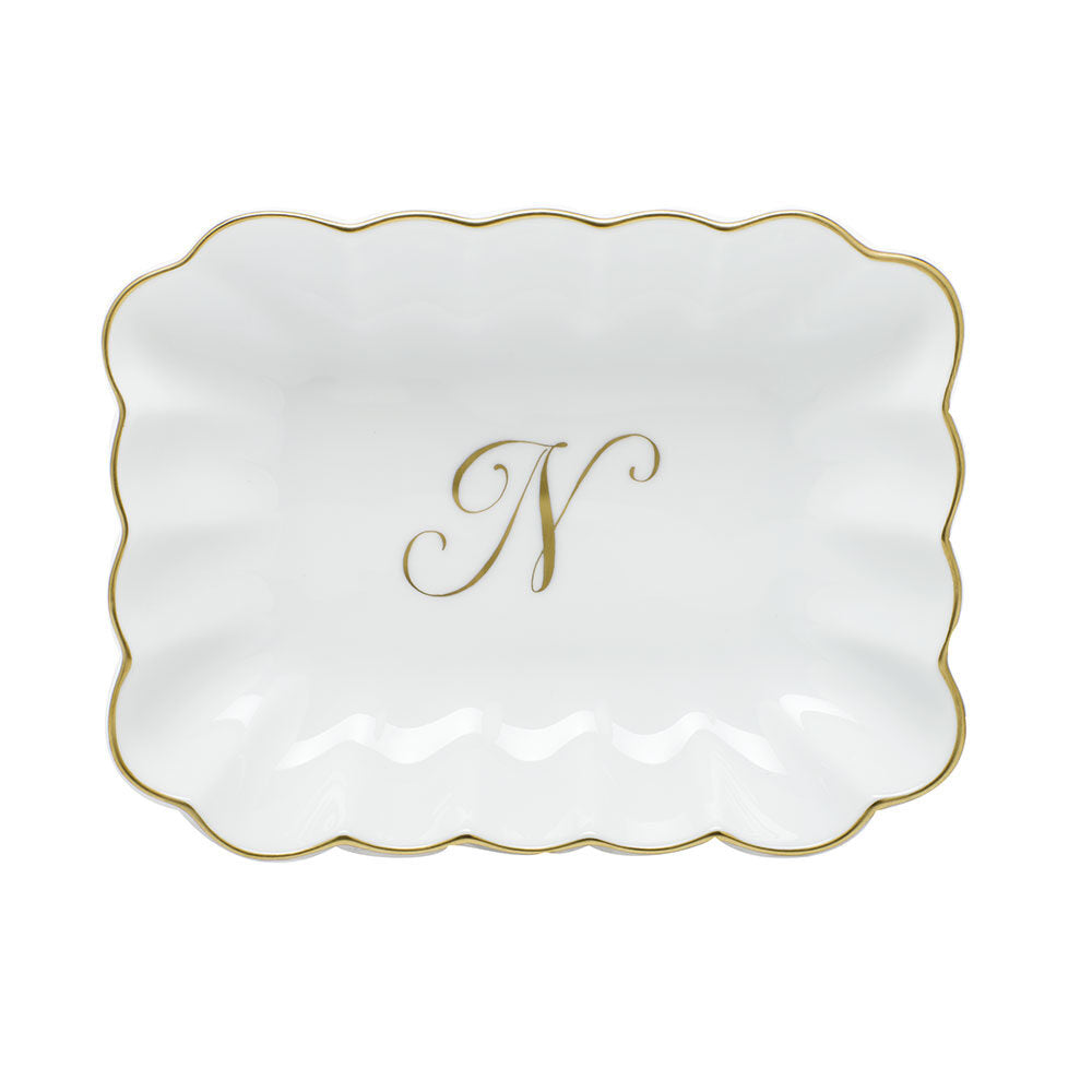 Hand-painted Herend Oblong Dish with Monogram Decorative Plate in fine porcelain, 7.25in L X 5.5in W X 1.5in H, on a white background, Monogram N