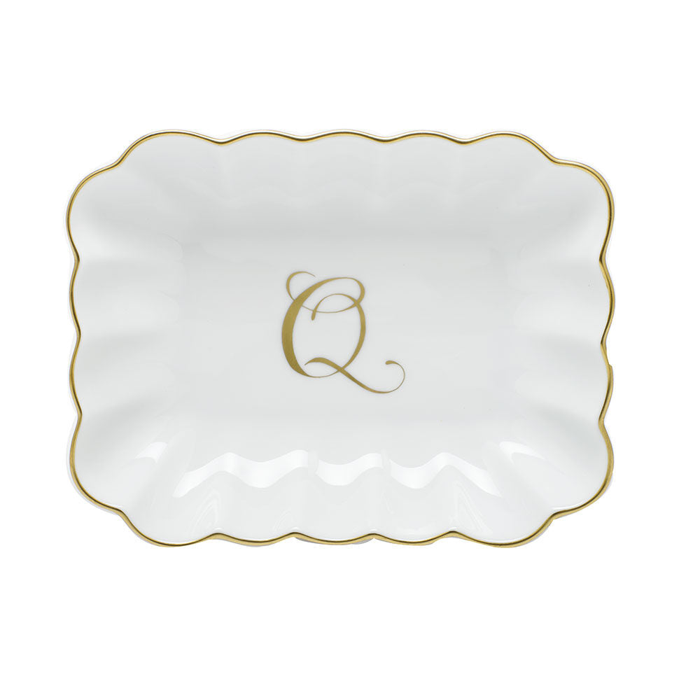 Hand-painted Herend Oblong Dish with Monogram Decorative Plate in fine porcelain, 7.25in L X 5.5in W X 1.5in H, on a white background, Monogram Q