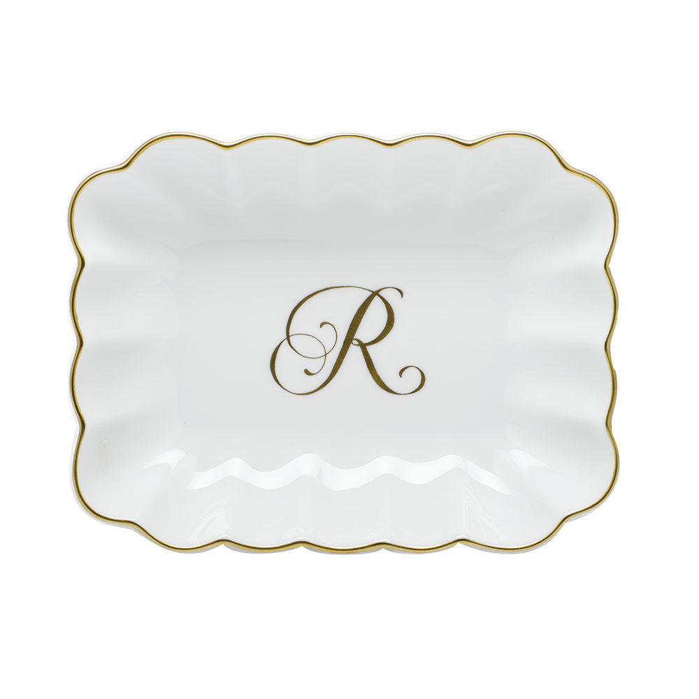 Hand-painted Herend Oblong Dish with Monogram Decorative Plate in fine porcelain, 7.25in L X 5.5in W X 1.5in H, on a white background, Monogram R