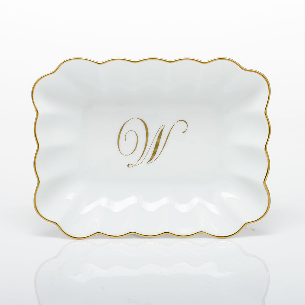 Hand-painted Herend Oblong Dish with Monogram Decorative Plate in fine porcelain, 7.25in L X 5.5in W X 1.5in H, on a white background, Monogram W