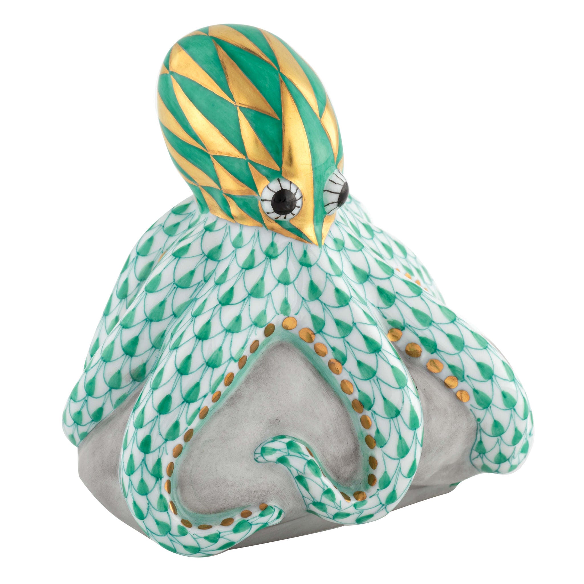 Hand-painted Herend Octopus on Rock Figurine in Green fishnet porcelain on a white background