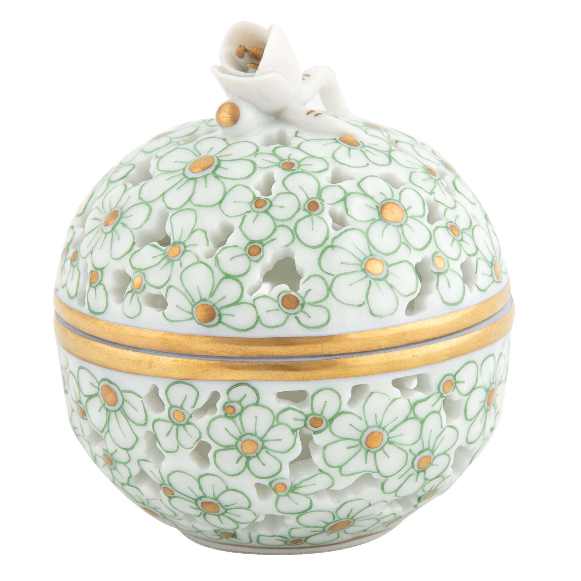 Herend Openwork Ball with Bud Candy Dish porcelain figurine painted in the Green fishnet pattern