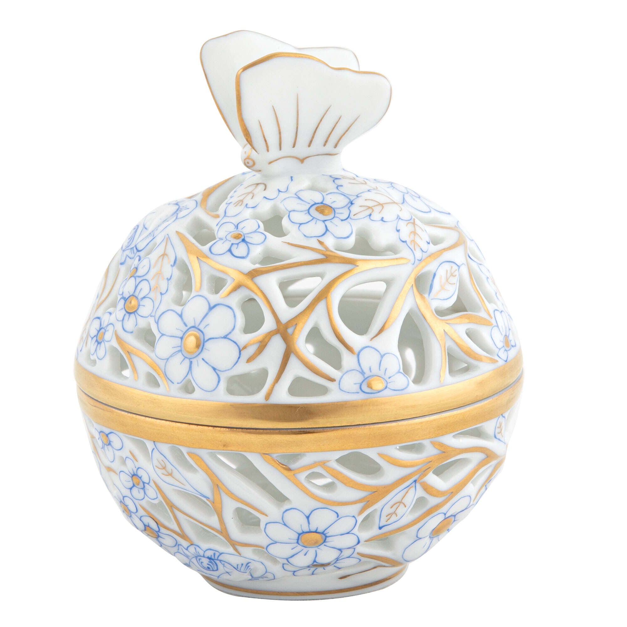 Hand-painted Herend Openwork Ball with Butterfly Candy Dish in Blue fishnet porcelain on a white background