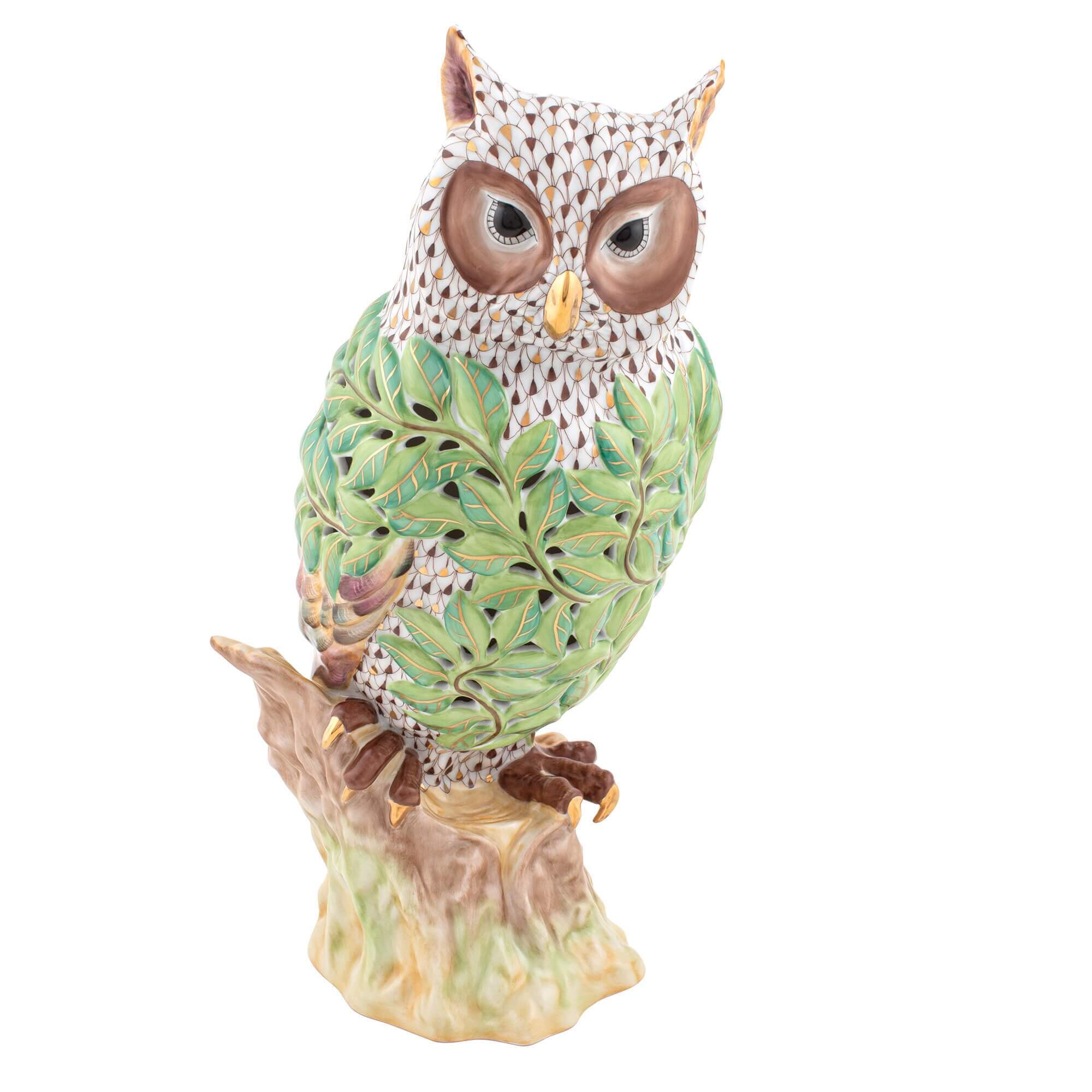 Hand-painted Herend Openwork Owl with Leaves Figurine in fine porcelain, 6in L X 6in W x 12.25in H, on a white background