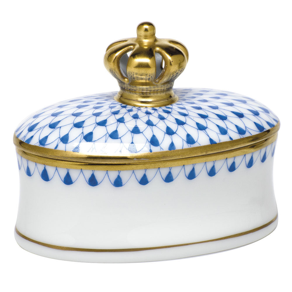 Hand-painted Herend Oval Box with Crown in Blue fishnet porcelain on a white background