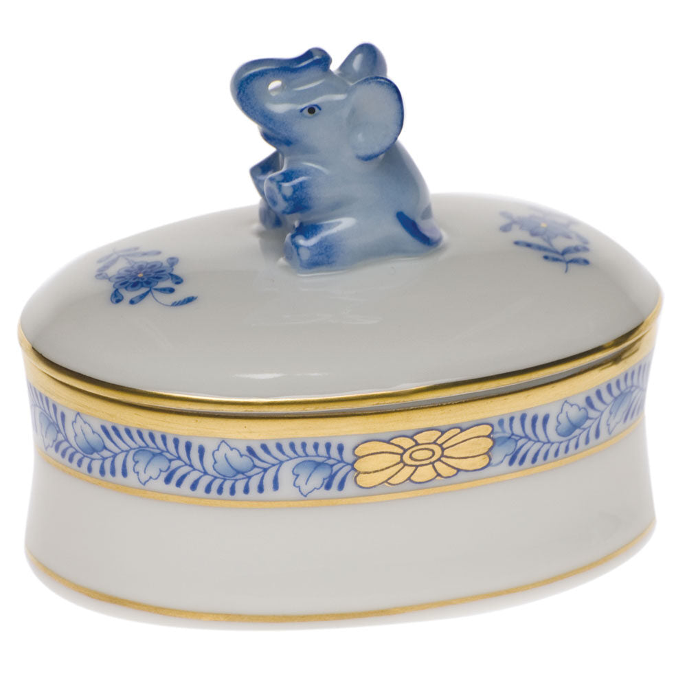 Oval Box with Elephant in hand-painted Blue porcelain by Herend of Hungary