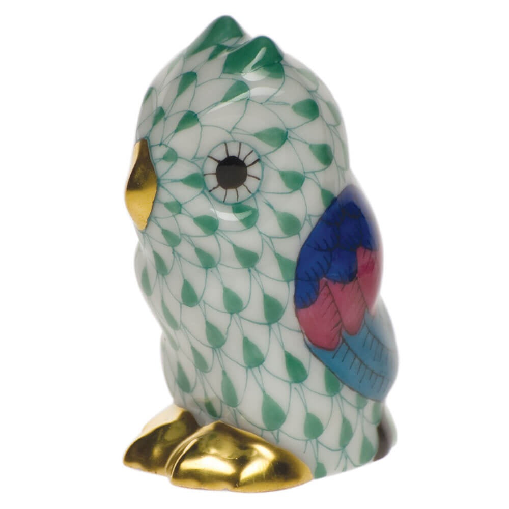 Herend Owl Miniature Figurine porcelain figurine painted in the Green fishnet pattern