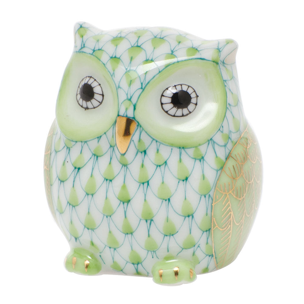 Hand-painted Herend Owlet Figurine in Key Lime fishnet porcelain on a white background