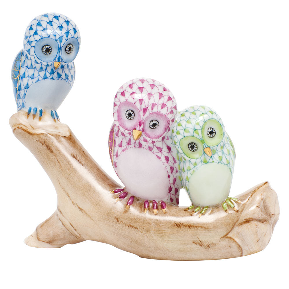 Blue-Raspberry-Green fishnet Owls on Branch Figurine figurine, hand-painted Herend porcelain with 24k gold accents