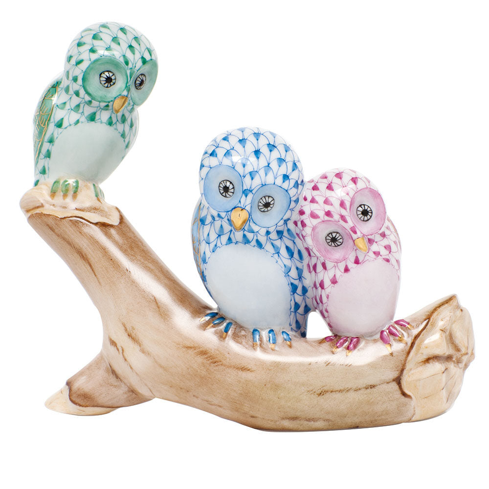 Hand-painted Herend Owls on Branch Figurine in Green-Blue-Raspberry fishnet porcelain on a white background