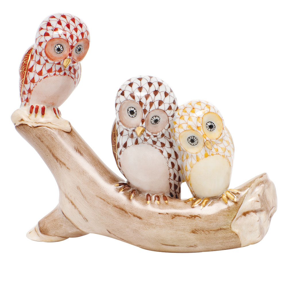 Hand-painted Herend Owls on Branch Figurine in Rust-Chocolate-Butterscotch fishnet porcelain on a white background
