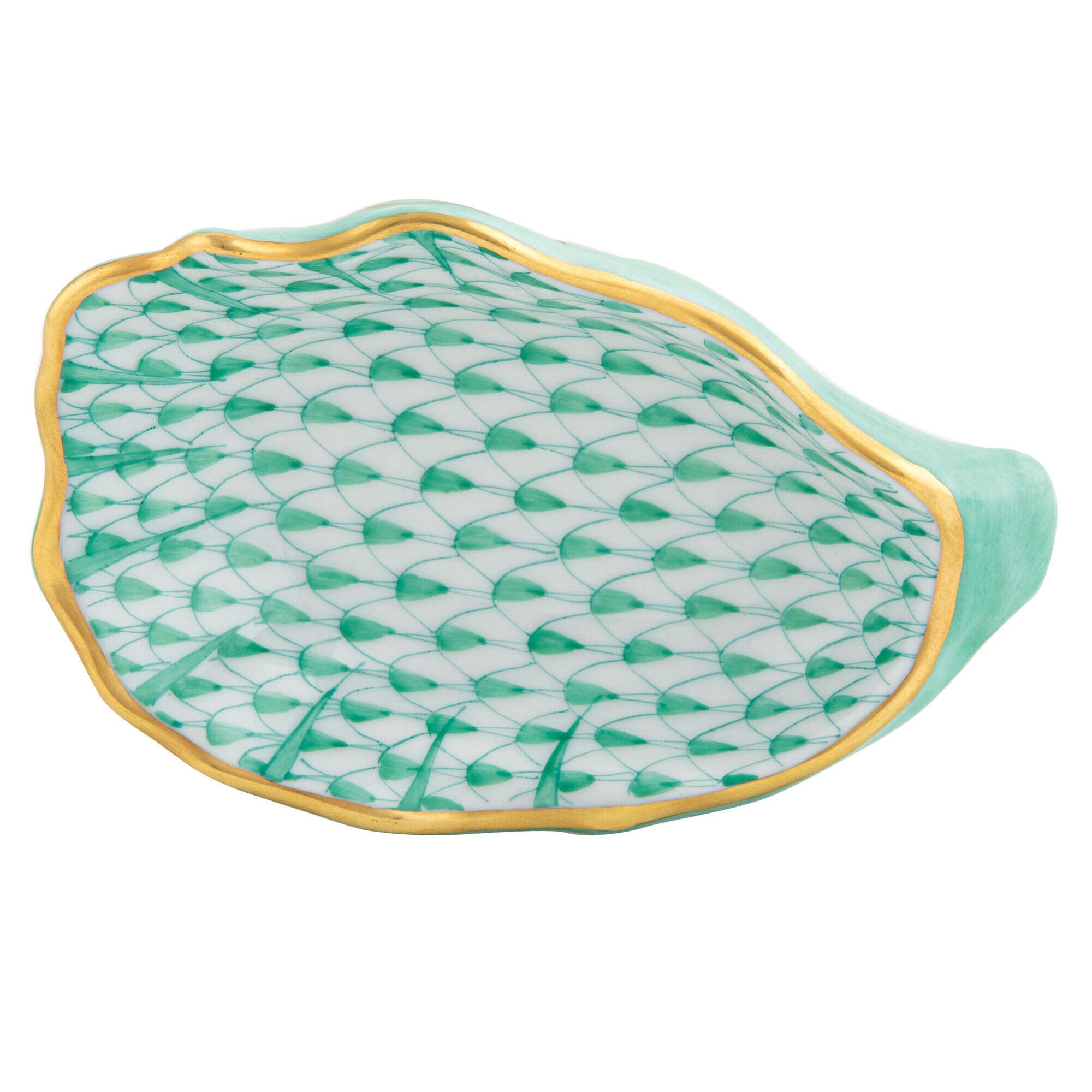Hand-painted Herend Oyster Shell Figurine in Green fishnet porcelain on a white background