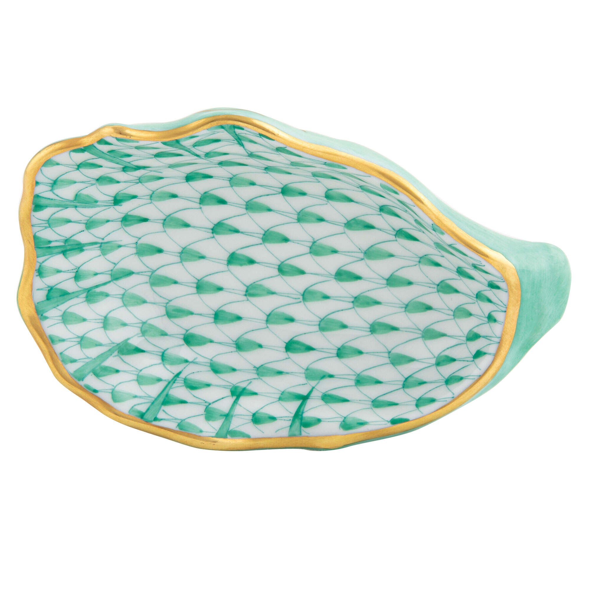 Hand-painted Herend Oyster Shell Figurine in Green fishnet porcelain on a white background