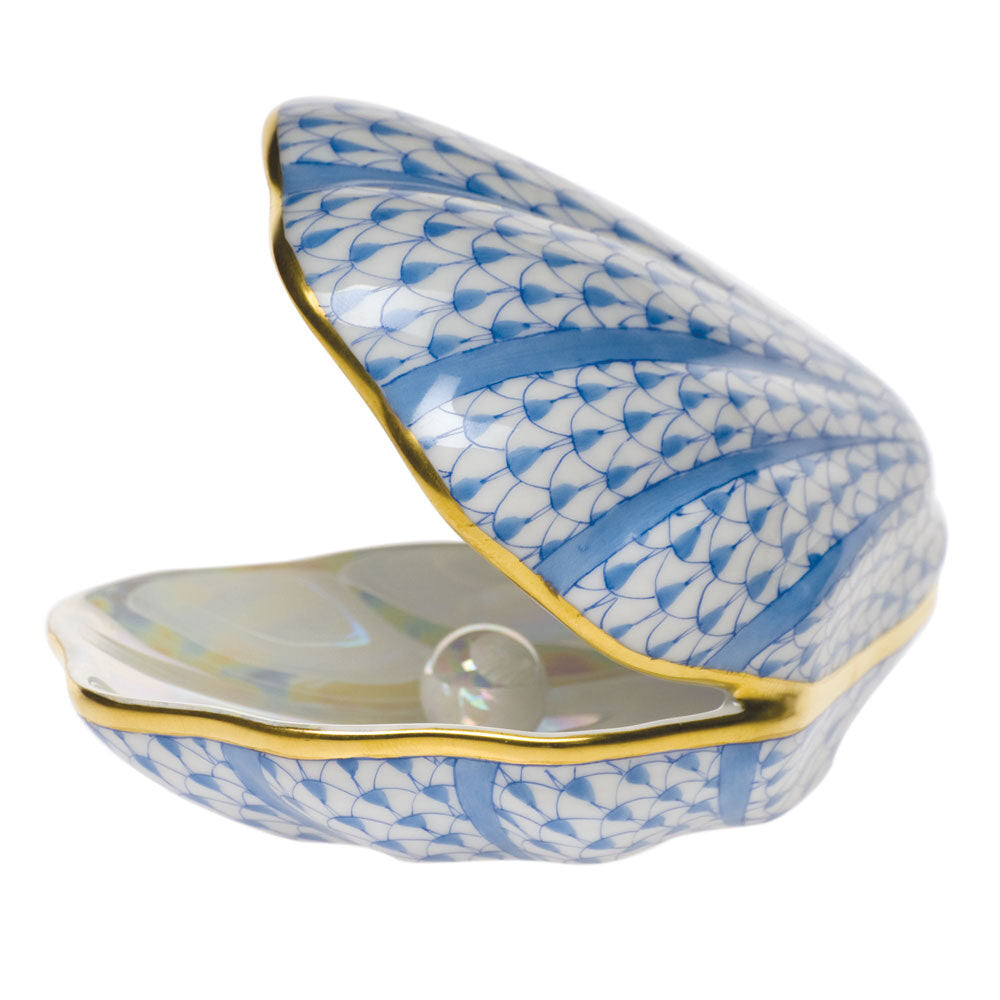 Hand-painted Herend Oyster with Pearl Figurine in Blue fishnet porcelain on a white background