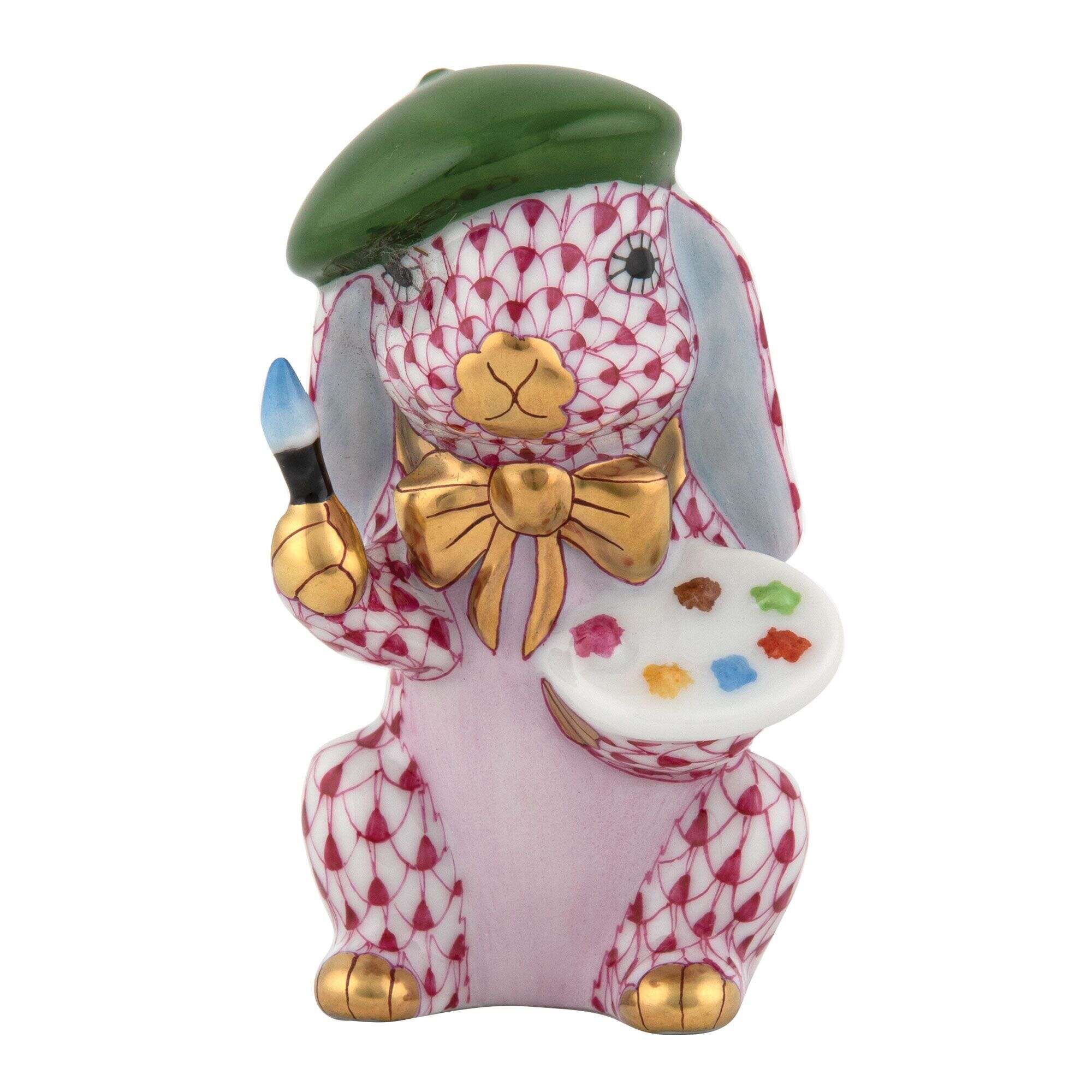 Herend Painter Bunny Figurine porcelain figurine painted in the Raspberry fishnet pattern