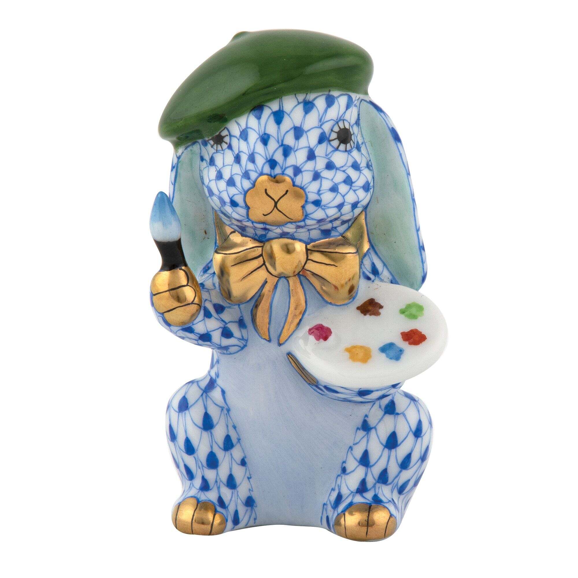 Herend Painter Bunny Figurine porcelain figurine painted in the Sapphire fishnet pattern