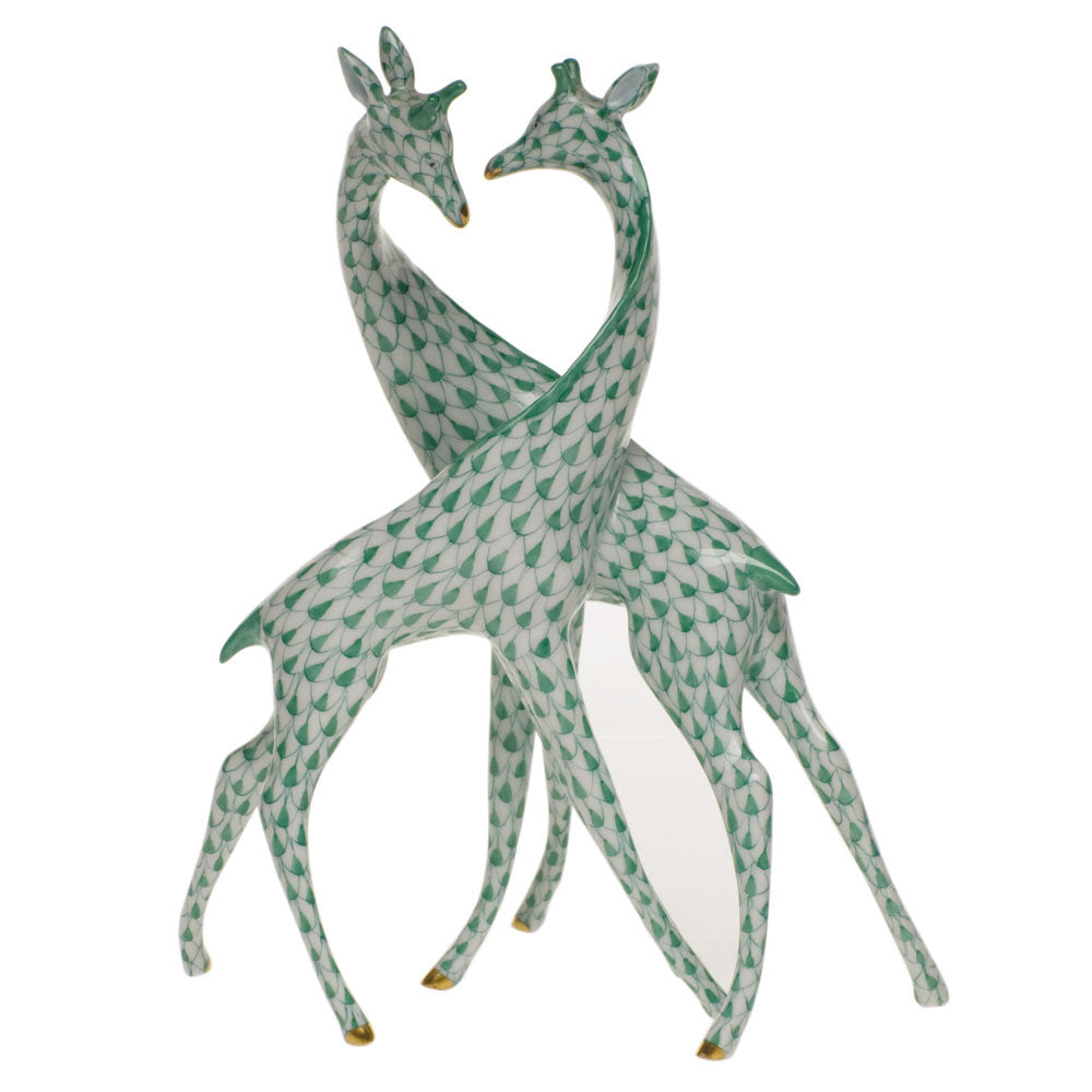 Pair of Giraffes Figurine in hand-painted Green porcelain by Herend of Hungary