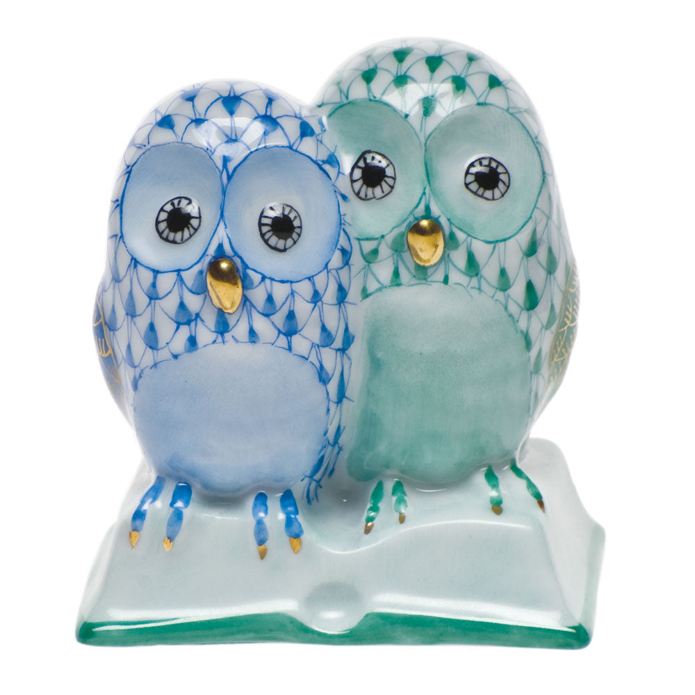Hand-painted Herend Pair of Owls on Book Figurine in Blue-Green fishnet porcelain on a white background