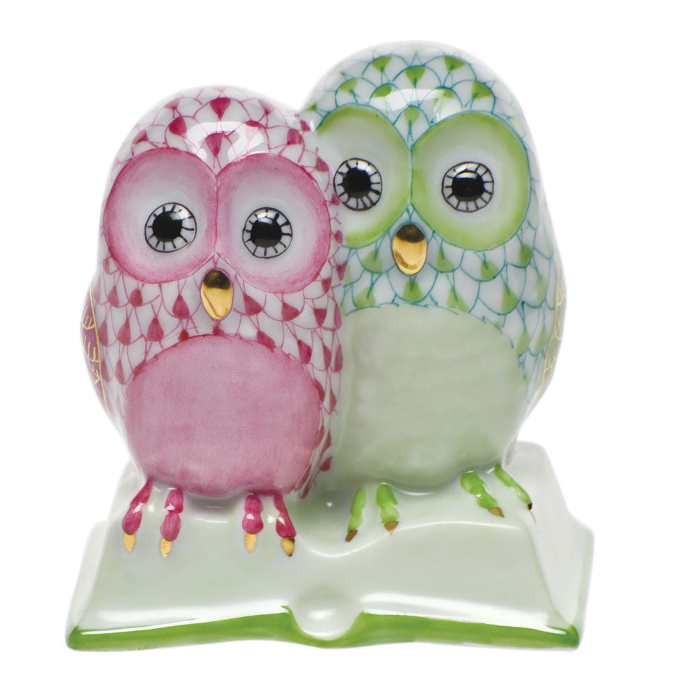 Pair of Owls on Book Figurine in hand-painted Raspberry-Key Lime porcelain by Herend of Hungary